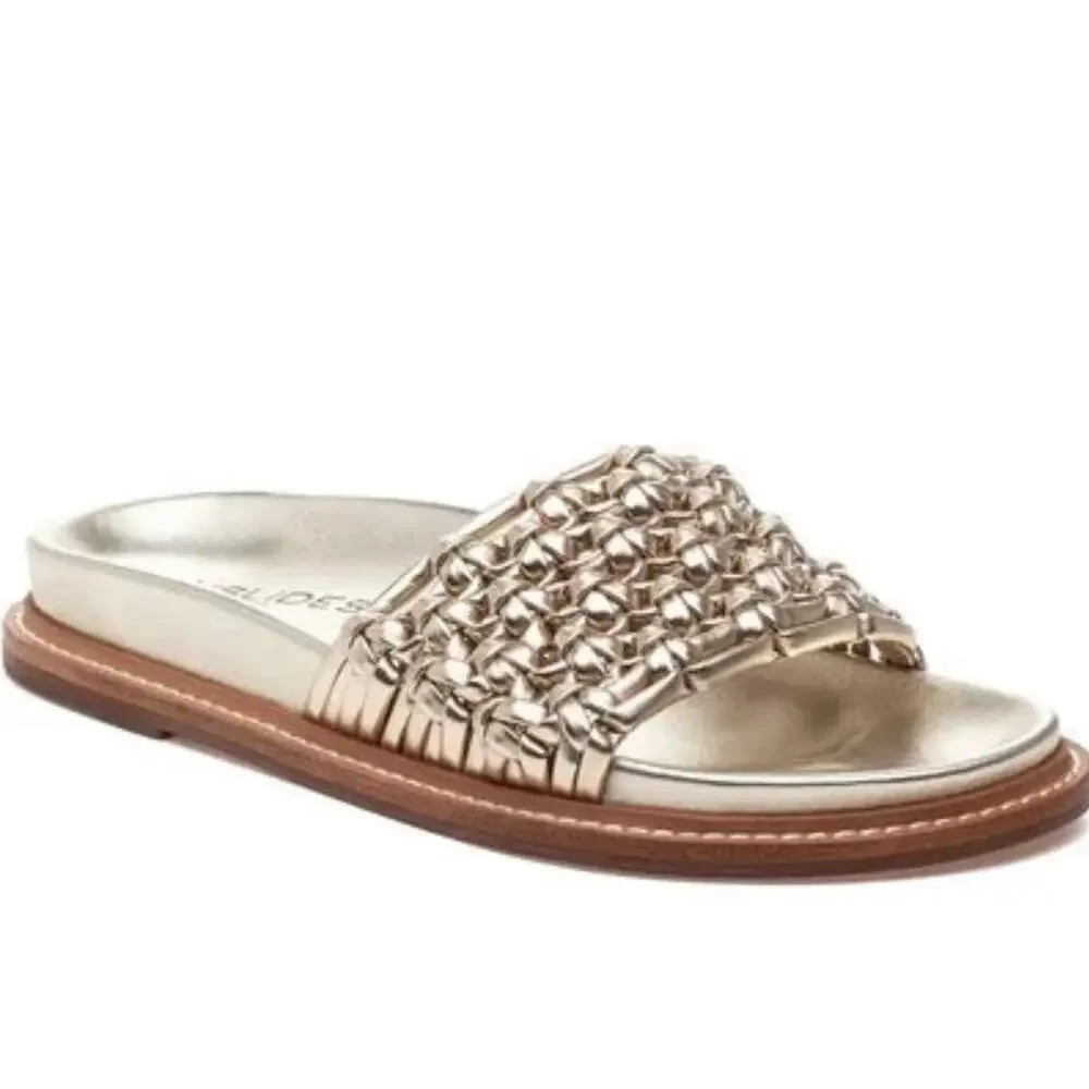 J/SLIDES NYC Robie Woven Metallic Gold Slides Women’s 9